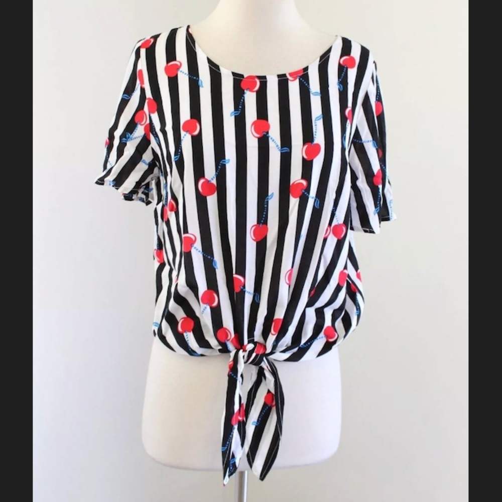 NWT Cynthia Rowley Striped Cherry Tie Front Size L